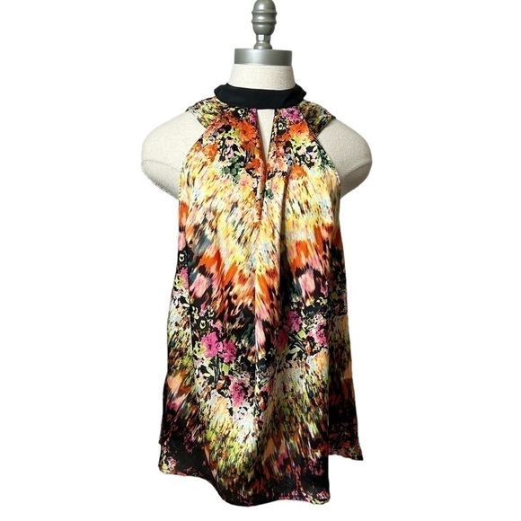 Allen B Multi Color Blurred Floral Print High Neck Sleeveless Blouse Size Small - Picture 2 of 12